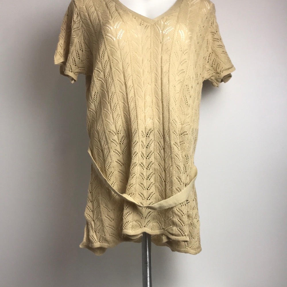 NORTON MCNAUGHTON TAN RATAN KNITTED BLOUSE TUNIC SIZE L W/TIE